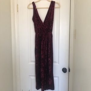 Red crushed-velvet deep V jumpsuit